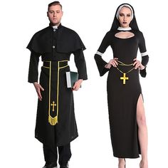 two people dressed in nun and nunette costumes, one is wearing a black dress