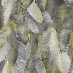 an abstract pattern with leaves on a white background in grey and yellow colors, suitable to be used as wallpaper or fabric