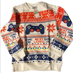 Nwt Boy’s Gamer Version “Ugly” Sweatshirt. Fun Winter Sweater With Graphic Print, Fun Graphic Print Winter Sweater, Playful Multicolor Winter Sweatshirt, Playful White Sweater With Graphic Print, Fun White Sweatshirt For Winter, Fun Multicolor Sweatshirt For Winter, Fun Multicolor Winter Sweatshirt, Playful White Cotton Sweater, Playful White Winter Sweater