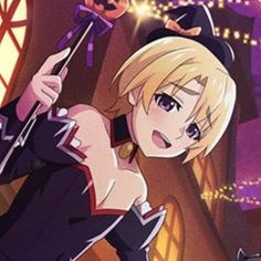 an anime character with blonde hair and black clothes holding a bat in her hand, looking at the camera