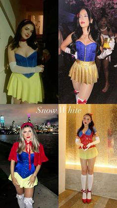 four different women dressed up in costumes and posing for the camera, including snow white