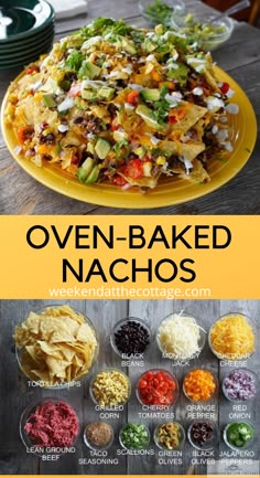 a yellow plate topped with nachos and lots of toppings on top of it