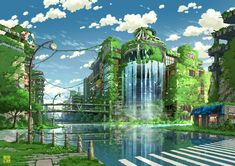 an anime scene with a waterfall in the middle and green trees on both sides, surrounded by tall buildings