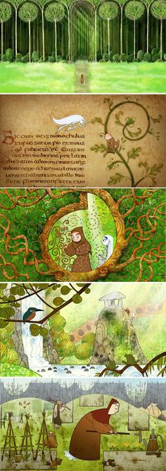 four different scenes with trees and animals in them