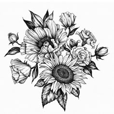 sunflowers and other flowers are drawn in black ink on a white paper with a square