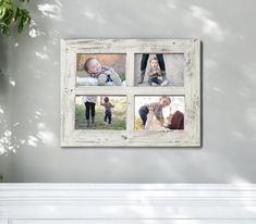 a white frame with four pictures hanging on the wall next to a potted plant