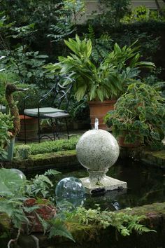 a garden filled with lots of plants next to a small pond surrounded by greenery