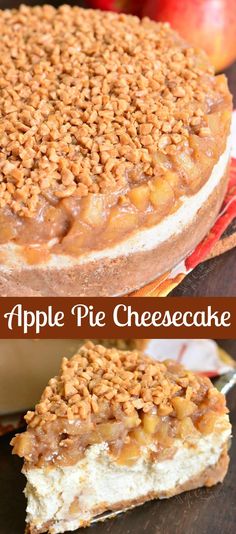 an apple pie cheesecake with caramel topping on top is shown in this collage