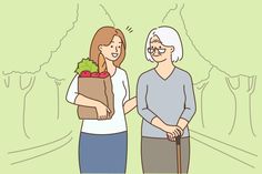 an elderly woman holding a grocery bag talking to another woman