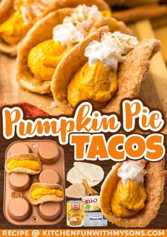 pumpkin pie tacos with whipped cream on top and an egg shell in the middle