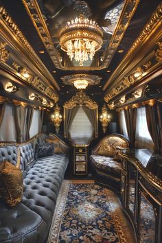 an ornately decorated train car with couches and chandeliers