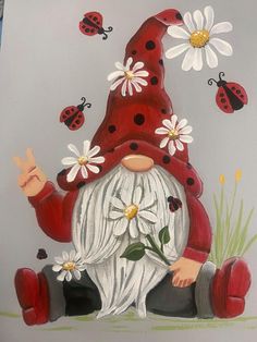 a painting of a gnome with daisies and ladybugs