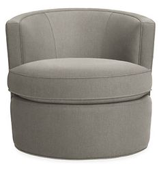 a round chair with a rounded back and foot rest in grey fabric, on a white background