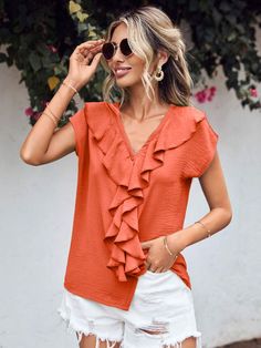 Unmissable deal! Ruffled V-Neck Short Sleeve Blouse, now at an incredible price of $24.02! Grab it now! Ruffle Wedding Dress, Formal Cocktail Dress, Spring Outfits Women, Body Dress, Denim Leggings, V Neck Blouse, Pullover Jacket, Active Wear Leggings, Red Blouses