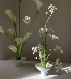 three white vases with flowers in them on a table