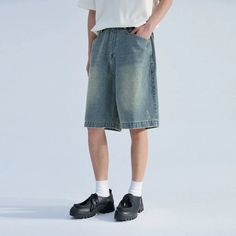 Denim Shorts with Faded Knees - chiclara Casual Mid-rise Faded Bottoms, Casual Short Bottoms For Summer, Casual Summer Shorts With Pockets, Casual Baggy Shorts With Built-in Shorts, Casual Summer Shorts With Relaxed Fit, Casual High Waist Shorts For Summer, Casual High Waist Summer Shorts, Relaxed Fit Wide Leg Jeans With Built-in Shorts, Casual Mid-rise Bottoms With Built-in Shorts