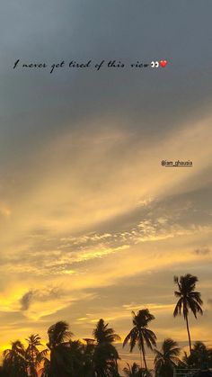 the sky is filled with clouds and palm trees as the sun sets in the distance