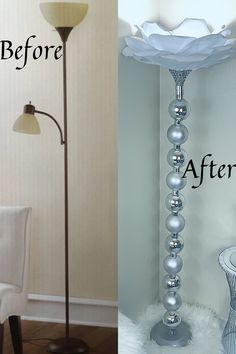 before and after photos of a lamp in the corner of a room with white chairs