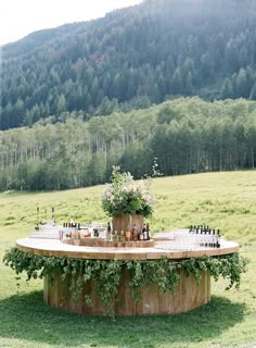 an outdoor table with bottles on it in the middle of a field