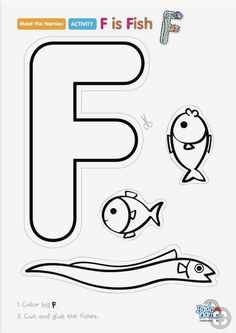 the letter f is for fish coloring page with an image of a fish and a worm