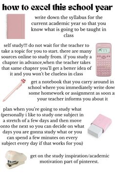 an article about how to excel this school year with pink and white writing on it