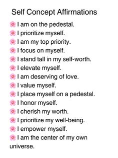 a poem with the words self concept affirmmations on it and pink flowers