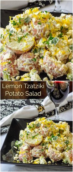 lemon zeatiki potato salad in a black serving dish