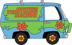 the mystery machine van has flowers painted on it's side and is blue with green lettering