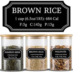 three jars with different types of seeds in them and the words brown rice on each jar