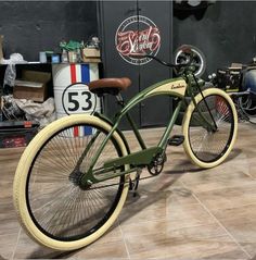 an old fashioned bicycle is on display in a shop