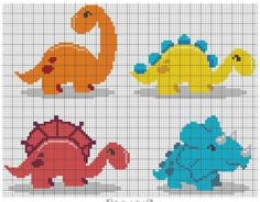 cross stitch pattern with four different types of dinosaurs in various colors and sizes, including orange, yellow, blue, and green