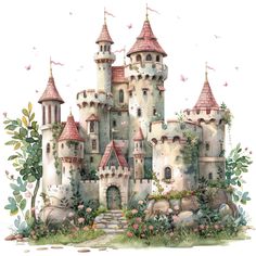 a painting of a castle with lots of flowers and trees around it, on a white background