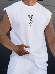 White Casual Collar Sleeveless Fabric Letter  Embellished Slight Stretch  Men Clothing Concert Outfit Men, Top Tank, White Casual, Men Clothing, Concert Outfit, Graphic Tank, Fashion Online Shop, Mens Tank Tops