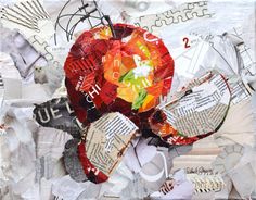 altered collage of an apple and newspaper pieces with scissors, tape, paper machs and other items