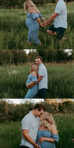 a man and woman hugging each other in the middle of a field with tall grass