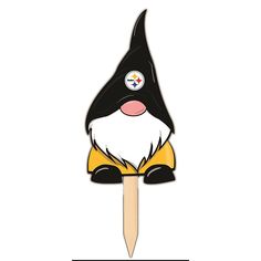 a black and white bird sitting on top of a toothpick with a pittsburgh football logo