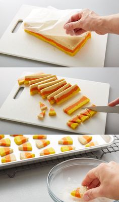 two pictures show how to cut up candy bars and place them on a cutting board