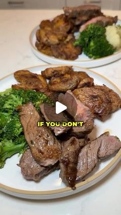 two white plates topped with meat and broccoli on top of a kitchen counter