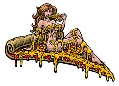 a woman sitting on top of a giant slice of pizza covered in cheese and sauce