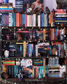 a bookshelf filled with lots of books next to a christmas tree and pictures