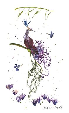 a drawing of a bird sitting on top of a tree branch with purple flowers and butterflies around it