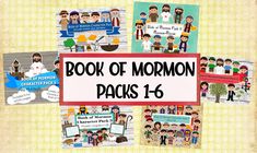 the book of mormon packs 1 - 6 are on display in front of a yellow background