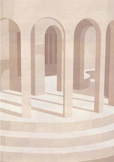 an abstract painting with arches and steps in the center, on a beige background that looks like it has been made out of paper