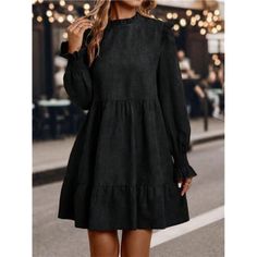 -Item Id 43766109 -Details: Ruffle, Frill, Ruffle Hem, Shirred -Neckline: Stand Collar -Sleeve Type: Flare Sleeve -Style: Cute -Type: Smock -Waist Line: High Waist -Hem Shaped: Flounce -Color: Black -Pattern Type: Plain -Sleeve Length: Long Sleeve -Length: Short -Fit Type: Regular Fit -Fabric: Non-Stretch -Material: Woven Fabric -Composition: 100% Polyester -Care Instructions: Machine Wash Or Professional Dry Clean -Sheer: No **Open To Offers!!!** **Bundle To Save More** **30% Off Bundles Of 2 O Black Shift Dress For Fall, Shift Dress For Fall Brunch, Fall A-line Shift Mini Dress, Fall Shift A-line Mini Dress, Black Dress For Brunch In Fall, Black Dress For Fall Brunch, Fall Brunch Shift Dress, Black Ruffle Hem Midi Dress For Fall, Everyday Dress