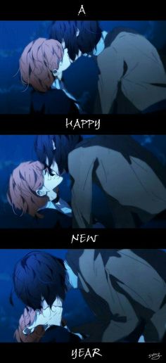 two anime characters kissing each other with the caption that says happy