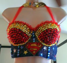 a female mannequin wearing a red, white and blue superman bra with sequins