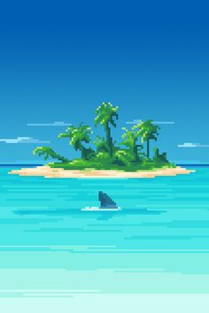 an island in the middle of the ocean with a shark swimming near it and palm trees