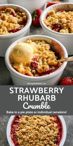 strawberry rhubarb crumble in a bowl with ice cream on top