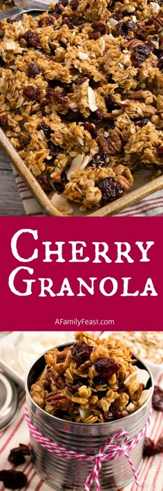 a bowl filled with granola sitting on top of a table next to a pan full of granola