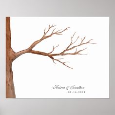 a watercolor painting of a tree with no leaves on it's branches is shown